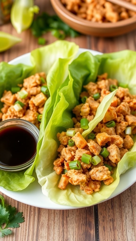 Healthy Asian Chicken Lettuce Wraps Recipe Healthy Asian chicken lettuce wraps with ground chicken and vegetables, garnished with cilantro on a rustic table.