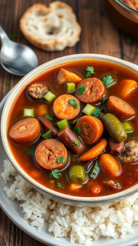 A bowl of andouille sausage gumbo with sausage, chicken, and okra, garnished with green onions, served over rice on a rustic table.