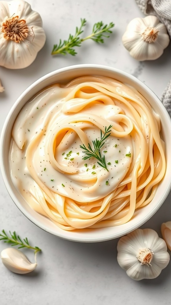 A bowl of creamy garlic Alfredo pasta with garlic cloves and herbs around it.