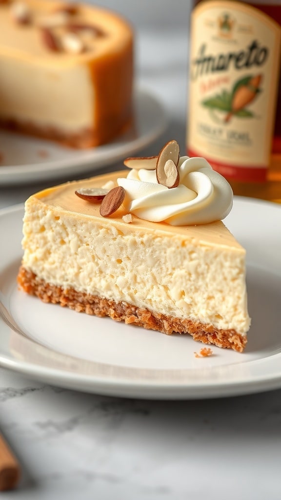 Slice of creamy amaretto cheesecake with almond crust, garnished with whipped cream and almonds, on a plate.