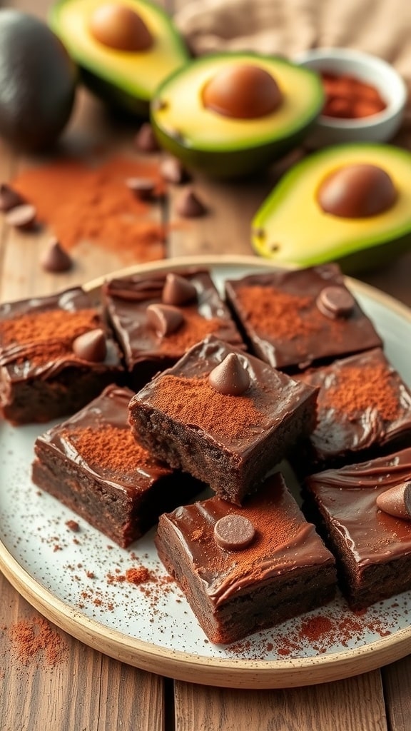 Fudgy avocado brownies on a plate, garnished with cocoa powder and chocolate chips, with fresh avocados in the background.