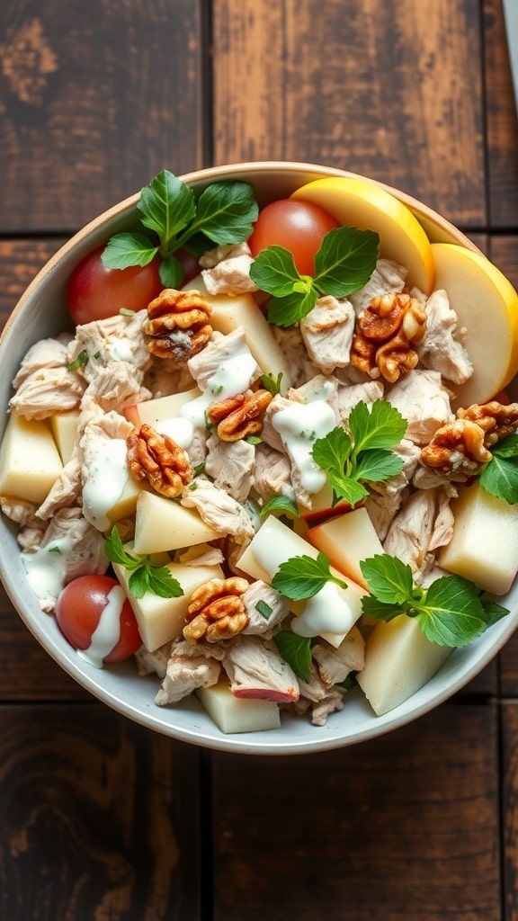 Healthy Apple Chicken Salad Recipe A colorful apple chicken salad with chicken, apples, grapes, and walnuts in a bowl on a wooden table.
