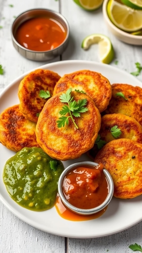 Crispy aloo tikki on a plate with green chutney and tamarind sauce, garnished with coriander.