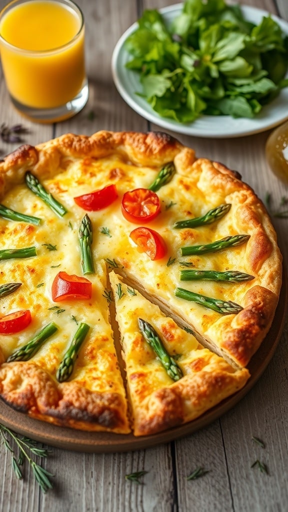 A slice of asparagus quiche with green asparagus and cheese on a wooden table, garnished with herbs.