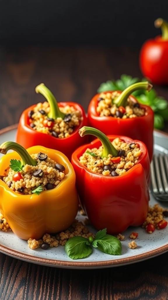 Colorful stuffed bell peppers filled with grains and beans on a plate