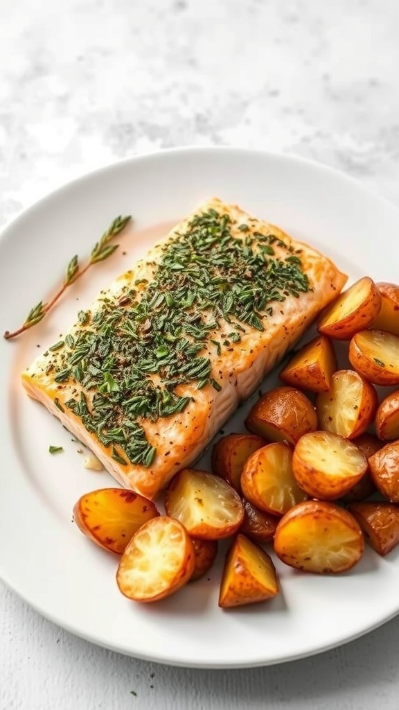 A plate featuring herb-crusted salmon alongside roasted potatoes.