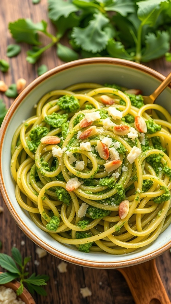 Easy Arugula Pesto Pasta Recipe A bowl of arugula pesto pasta garnished with Parmesan and pine nuts, surrounded by fresh arugula on a wooden table.