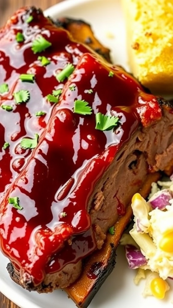 Tender Instant Pot Baby Back Ribs Recipe Tender BBQ baby back ribs on a plate with coleslaw and cornbread.