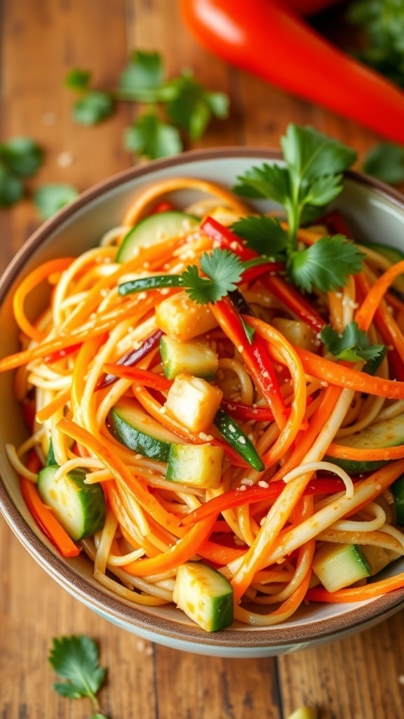 Vegan Asian Noodle Salad Recipe A colorful vegan Asian noodle salad with rice noodles, carrots, bell peppers, cucumber, and sesame dressing, garnished with sesame seeds and cilantro.
