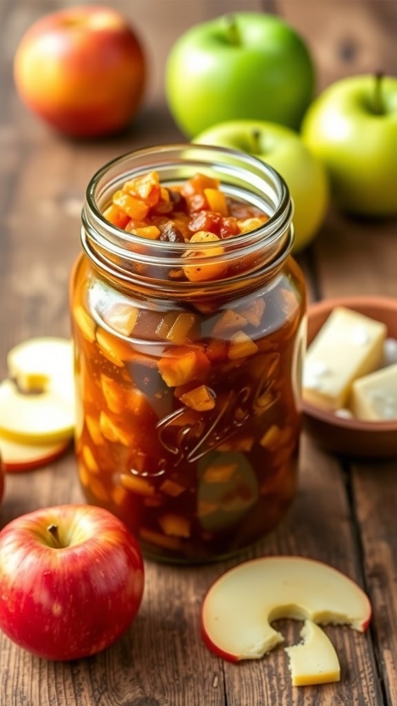 Sweet and Spicy Apple Chutney Recipe Jar of sweet and spicy apple chutney with apples and cheese on a wooden table.