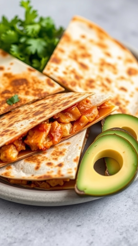 BBQ chicken quesadillas with avocado slices on a plate.