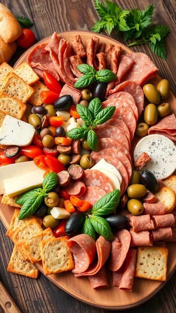 Italian Antipasto Platter Recipe An enticing antipasto platter with salami, prosciutto, assorted cheeses, marinated vegetables, and olives, garnished with basil on a wooden table.