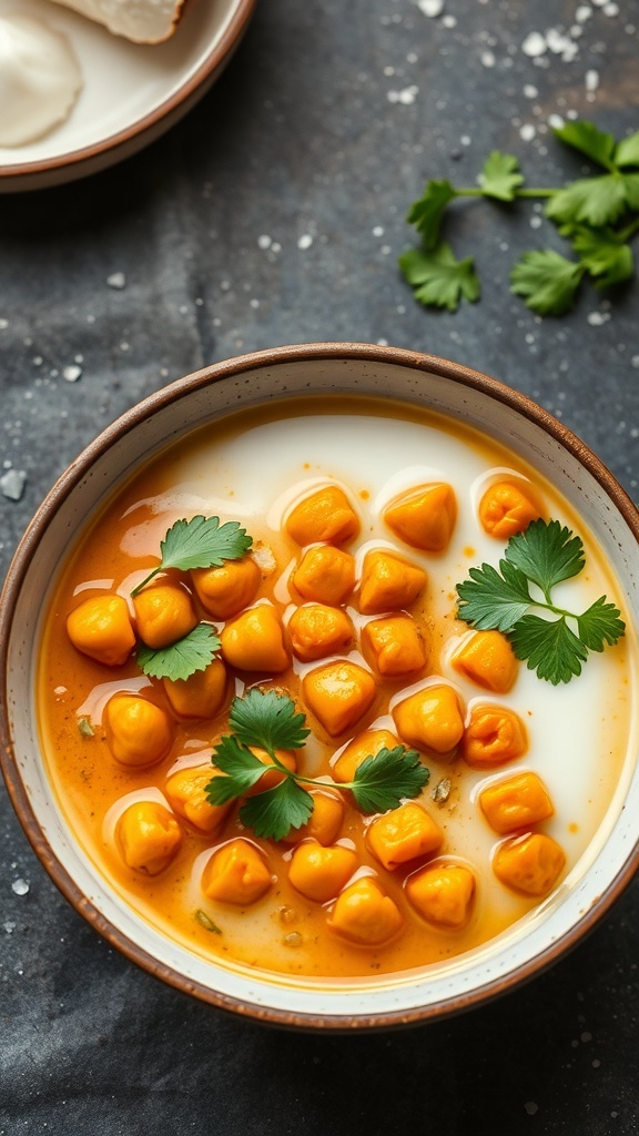 A bowl of chickpea curry with coconut milk, garnished with fresh cilantro.