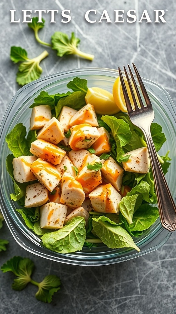 A bowl of Chicken Caesar Salad with lettuce, diced chicken, and a fork.