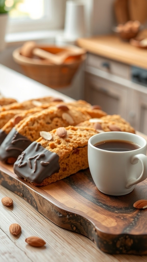 Homemade Italian almond biscotti on a wooden platter with coffee, some dipped in chocolate.