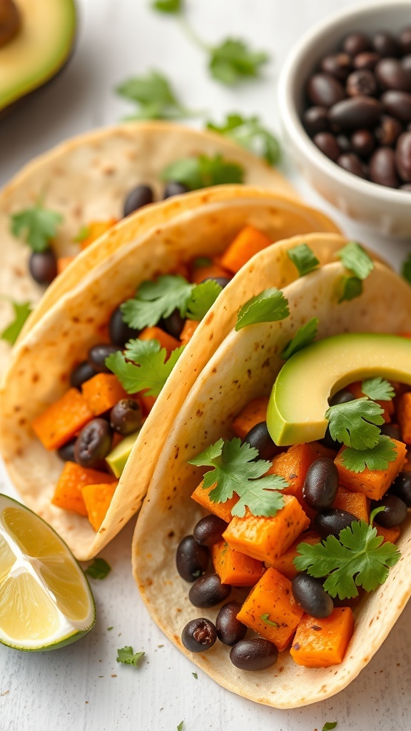 Sweet potato and black bean tacos with avocado and lime