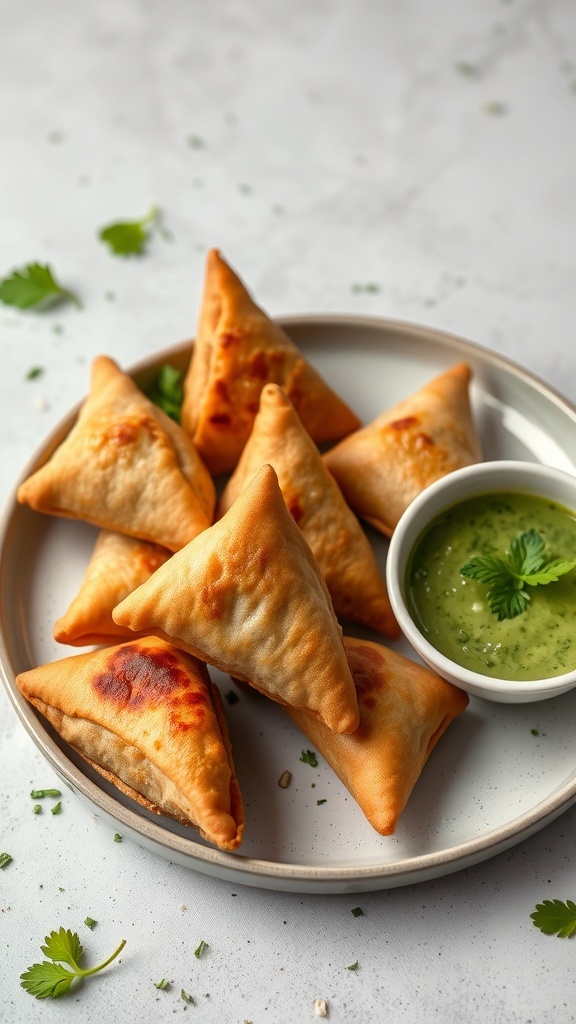A plate of golden vegetable samosas served with mint chutney