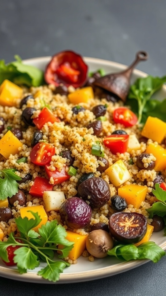 A vibrant roasted vegetable and quinoa salad with colorful ingredients.