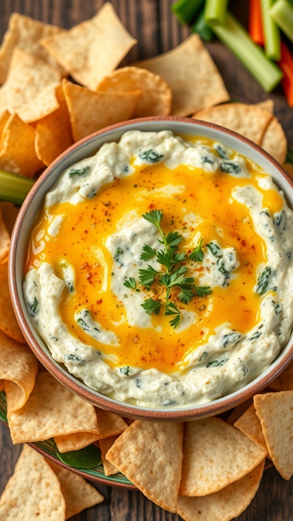 Creamy Artichoke Spinach Dip Recipe Creamy artichoke spinach dip in a bowl surrounded by tortilla chips and vegetable sticks on a rustic table.