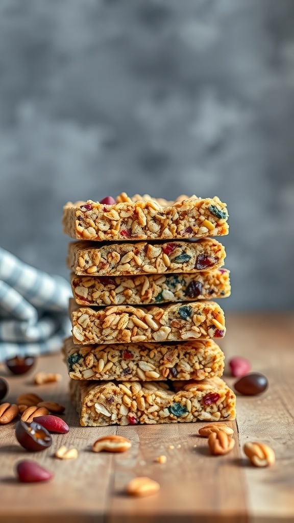 A stack of homemade granola bars with nuts and dried fruits on a wooden table.