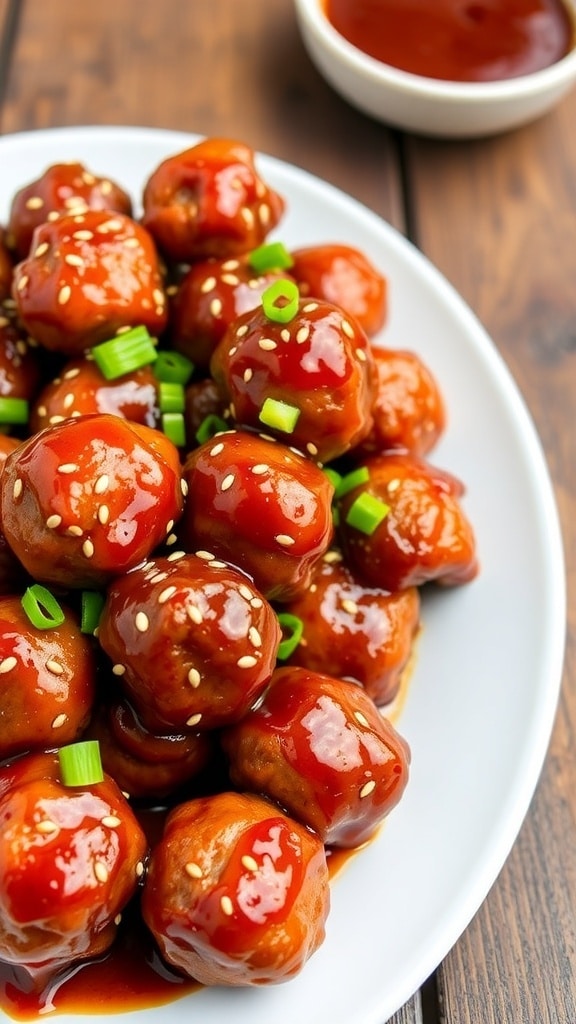 Savory Asian glazed meatballs garnished with sesame seeds and green onions on a white platter.