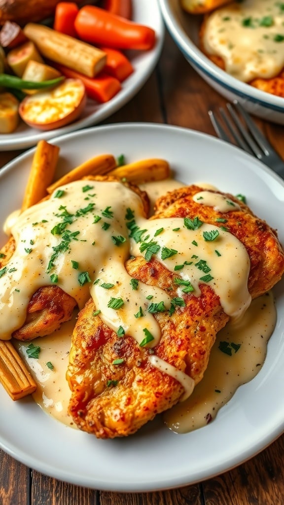 Creamy Baked Asiago Chicken Recipe Creamy baked asiago chicken with cheese sauce and parsley on a rustic table.