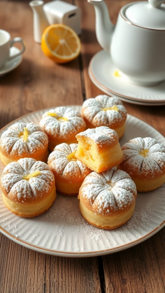 Mini almond cakes on a plate, dusted with powdered sugar, served with tea.