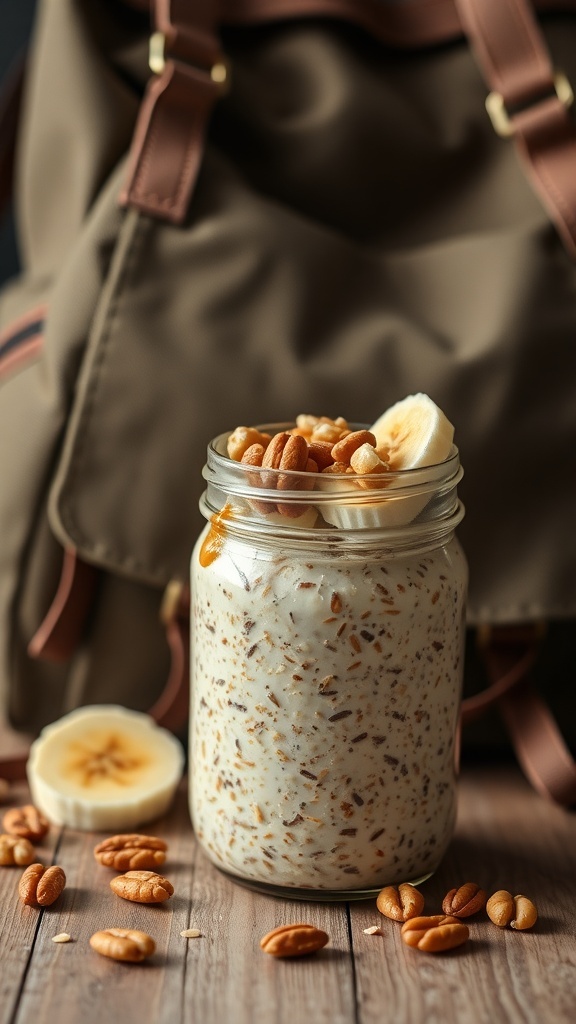 A jar of peanut butter and banana overnight oats with nuts and banana slices, placed beside a backpack.