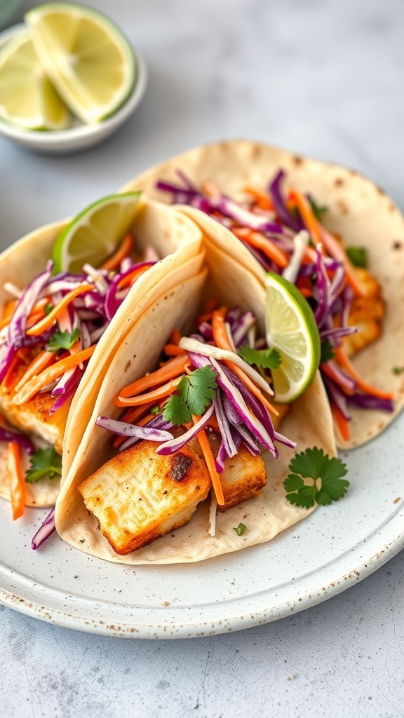 Crispy fish tacos with cabbage slaw and lime wedges on a plate.