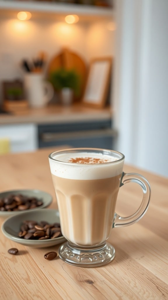 Homemade Almond Milk Latte Recipe A clear glass of almond milk latte with frothy top and cinnamon garnish, set in a cozy kitchen.
