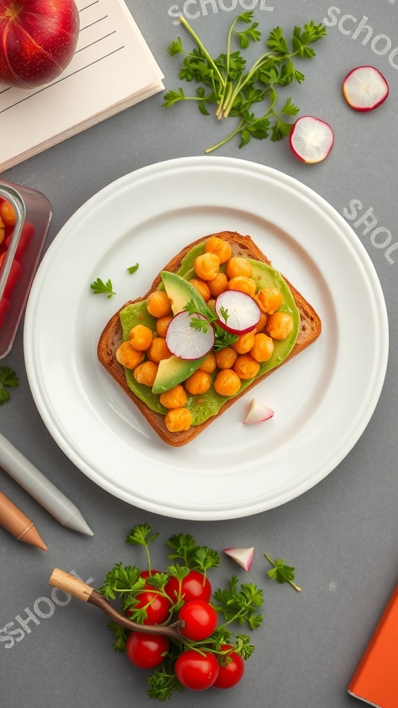 A plate of chickpea and avocado toast topped with radishes and herbs, surrounded by school supplies.