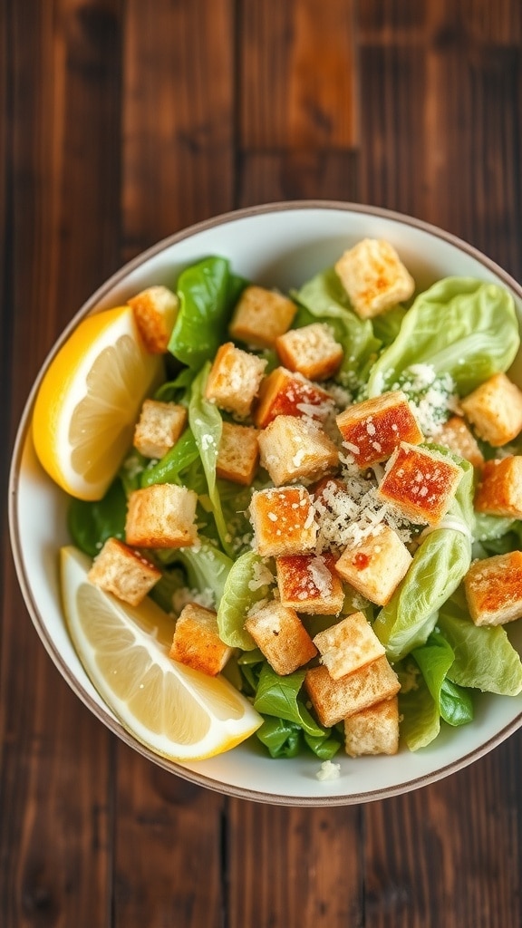 A classic anchovy caesar salad with romaine lettuce, croutons, and parmesan cheese on a rustic table.