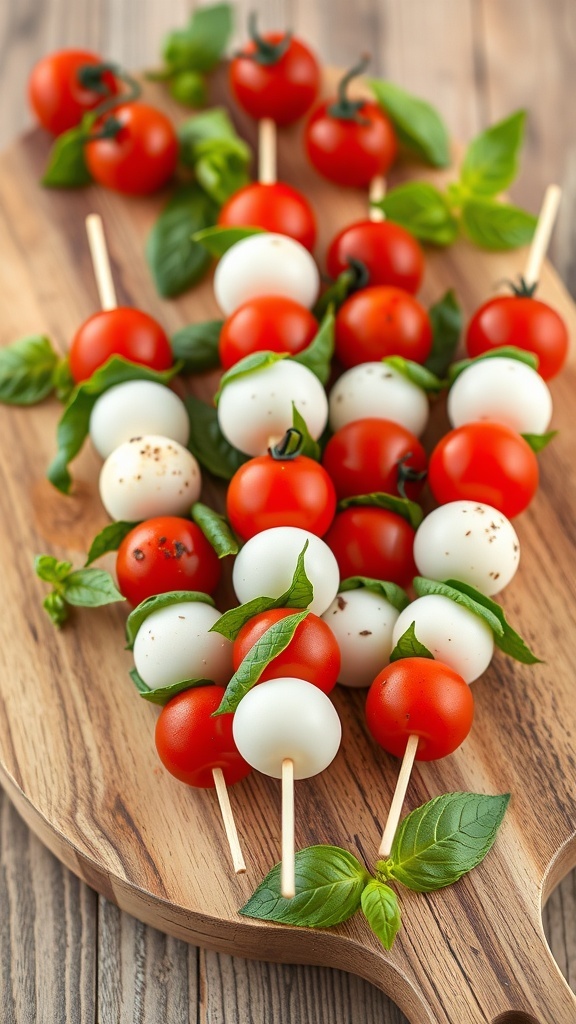 A platter of Caprese skewers with cherry tomatoes, mozzarella balls, and basil leaves.