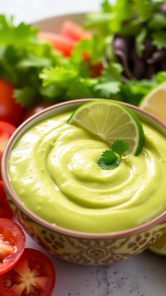 Creamy Avocado Lime Dressing Recipe Creamy avocado lime dressing in a bowl, garnished with lime and cilantro, surrounded by fresh vegetables.
