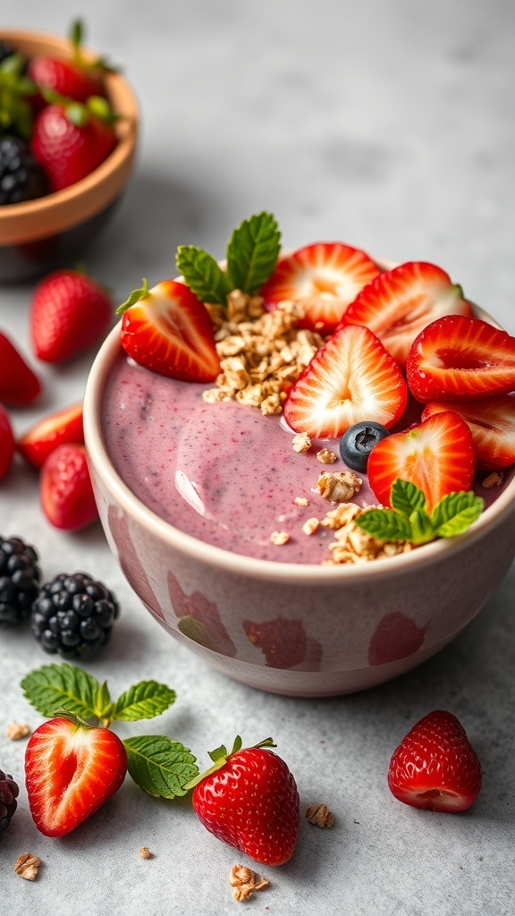 A colorful berry smoothie bowl topped with sliced strawberries, blackberries, granola, and mint leaves.