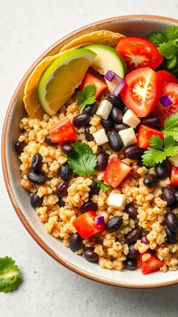 A colorful vegetarian taco bowl with quinoa, black beans, tomatoes, lime, and cilantro.