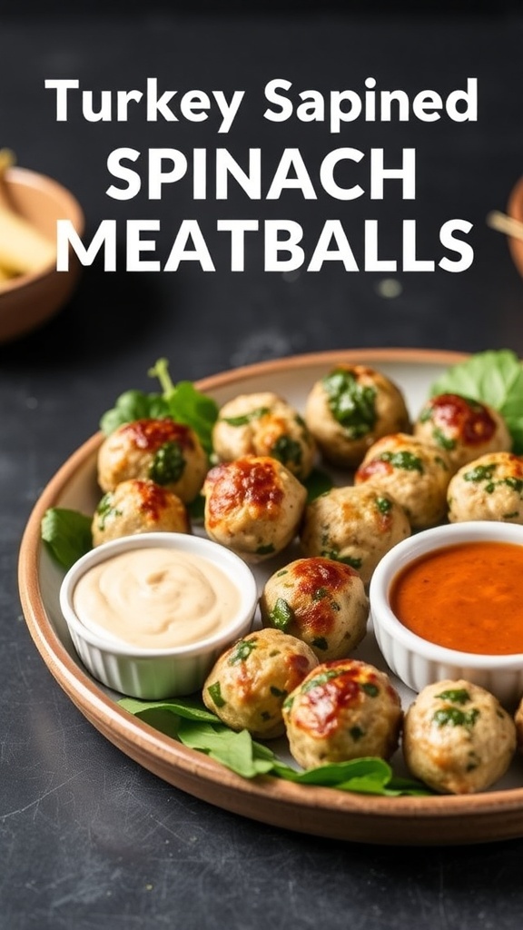 A platter of mini turkey and spinach meatballs with dipping sauces