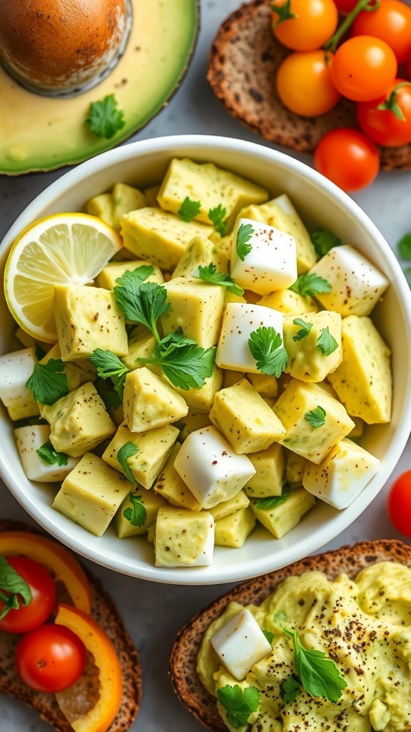 Creamy Avocado Egg Salad Recipe A bowl of avocado egg salad with eggs and avocado on whole grain toast, garnished with cilantro and lime.