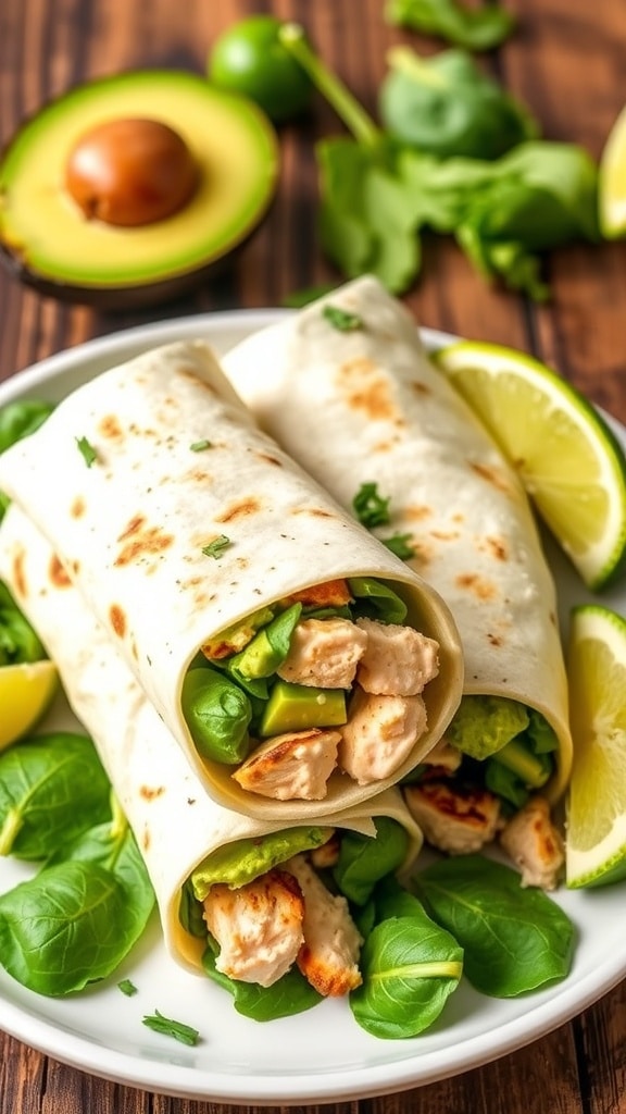 Creamy Avocado Chicken Wraps Recipe Creamy avocado chicken wraps with grilled chicken and spinach on a rustic plate.