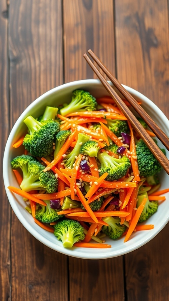 Healthy Asian Broccoli Slaw Recipe A vibrant bowl of Asian broccoli slaw with broccoli, carrots, and sesame dressing, garnished with sesame seeds on a wooden table.