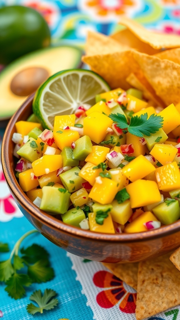 A bowl of avocado mango salsa with avocado, mango, red onion, and cilantro, served with tortilla chips.