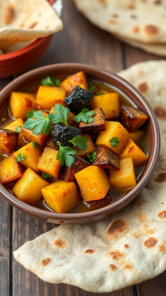 Punjabi Aloo Baingan Recipe A bowl of Punjabi aloo baingan with potatoes and eggplant, garnished with cilantro, served with chapati on a wooden table.