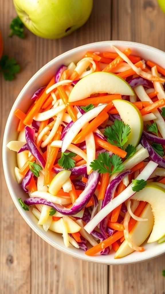 A colorful bowl of apple slaw with apples, cabbage, and carrots, garnished with parsley on a wooden table.