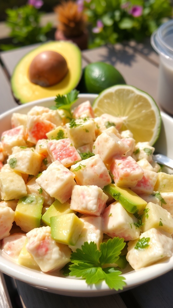 Creamy Avocado Crab Salad Recipe A colorful avocado crab salad with crab meat, avocado, cucumber, and cilantro, served in a bowl with lime wedges.