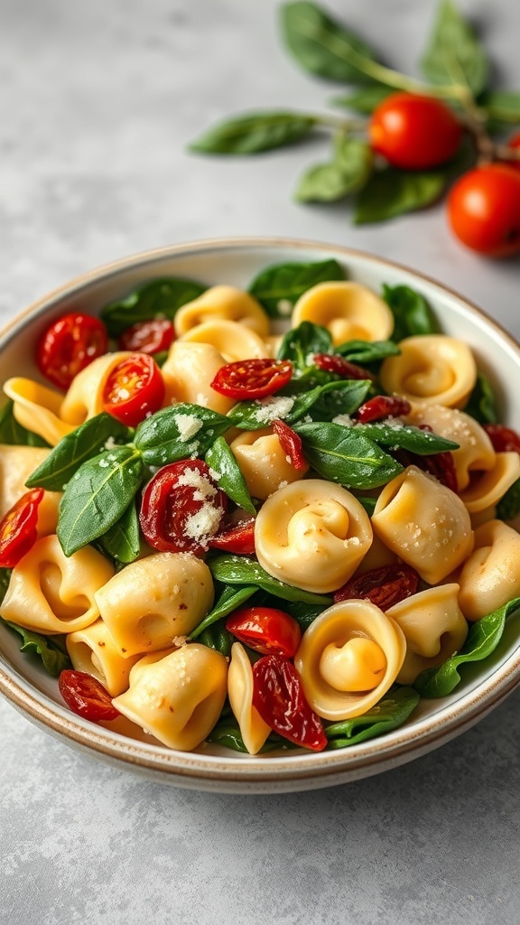 A bowl of tortellini with spinach and sun-dried tomatoes, garnished with cheese.