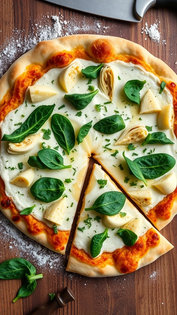 Creamy Artichoke and Spinach Pizza Recipe Creamy artichoke and spinach pizza with white sauce, garnished with fresh herbs on a wooden table.