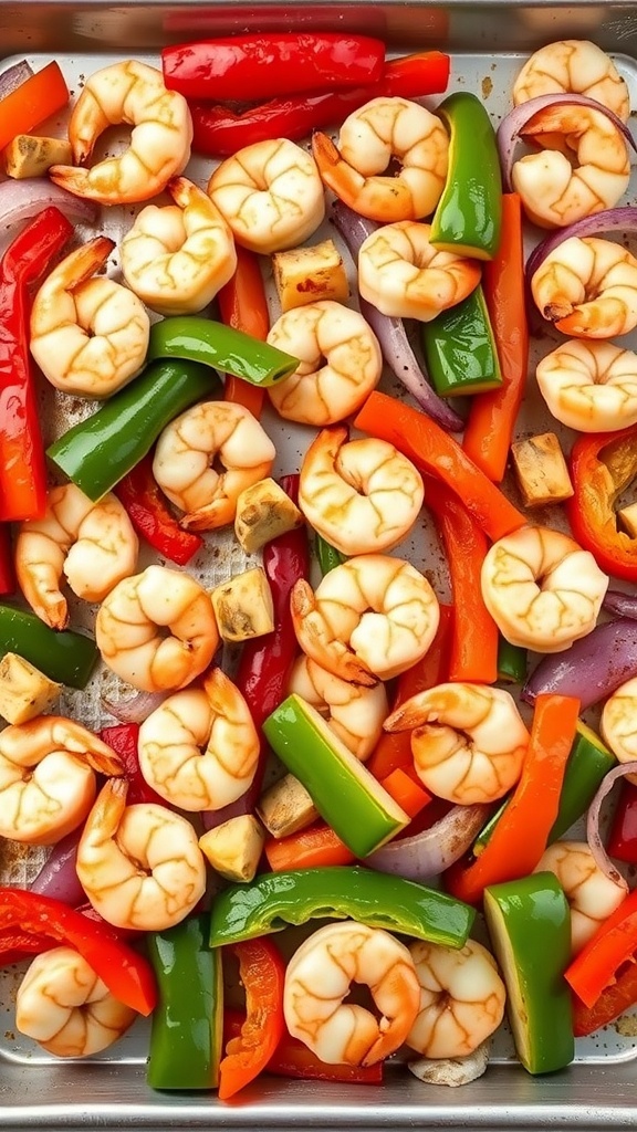 A vibrant sheet pan filled with shrimp and colorful bell peppers ready to be cooked.