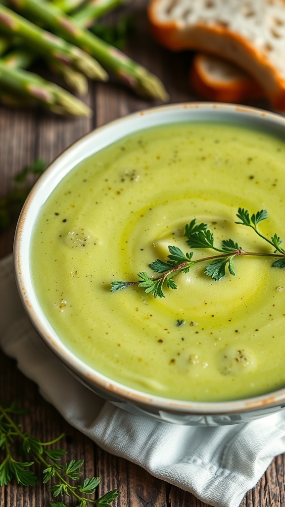 A bowl of creamy asparagus and leek soup garnished with herbs, served with crusty bread on a rustic table.