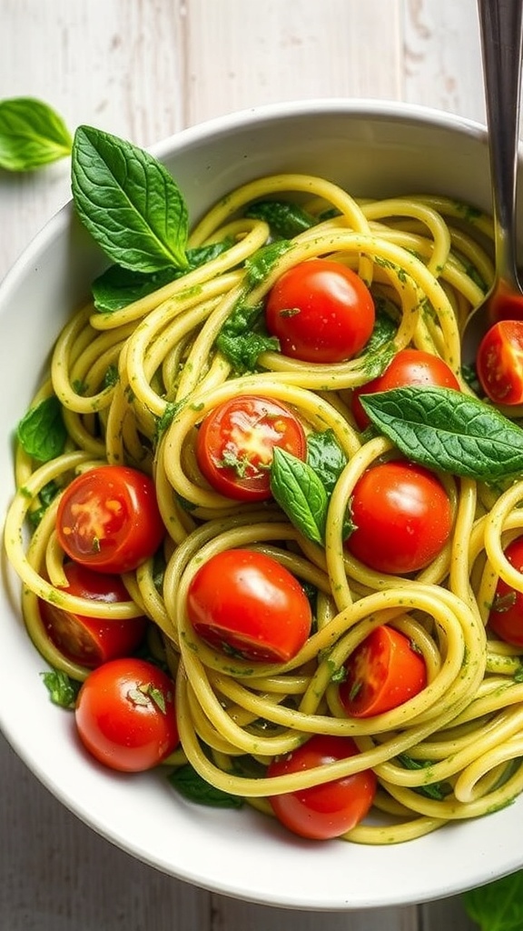 A bowl of zucchini noodles with pesto, topped with cherry tomatoes and fresh basil.