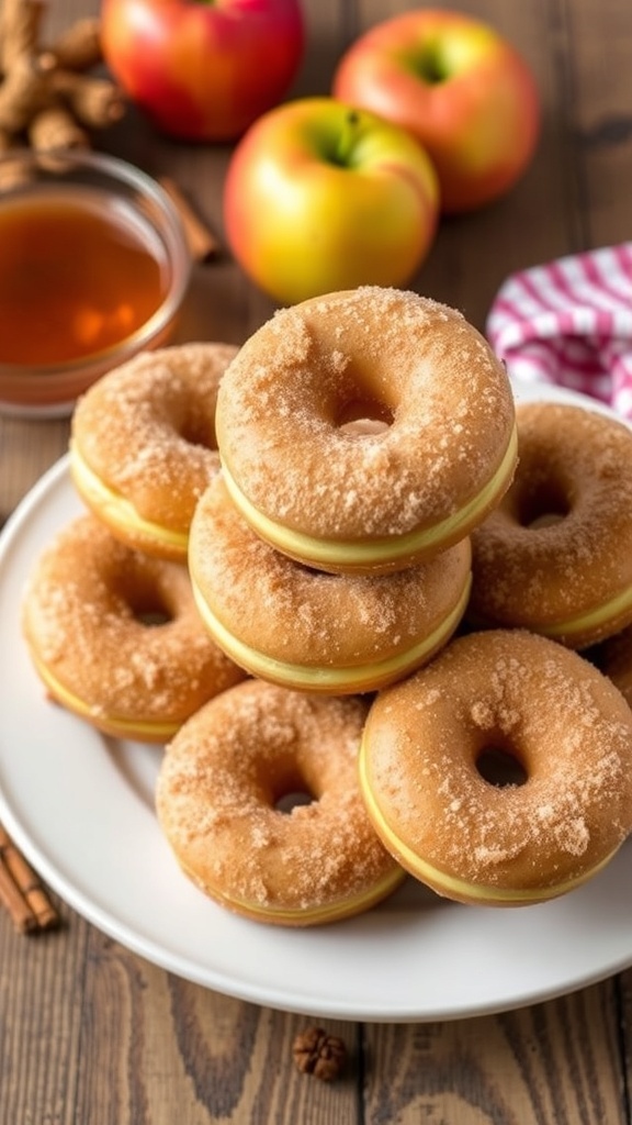 Homemade Apple Cider Donuts Recipe A plate of warm apple cider donuts coated in cinnamon sugar, with fresh apples and a bowl of cider in the background.